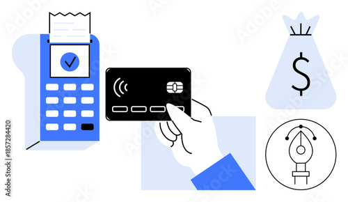 Hand holding contactless card near POS terminal for payment processing. Includes icons of money bag, dollar sign, and design tools. Ideal for finance, fintech, e-commerce, banking, technology