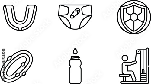 Baby care and childcare icons set, outline style hygiene safety products, infant protection feeding accessories, clean minimal vector design