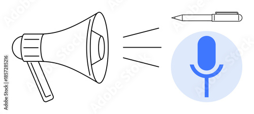 Communication tools, digital marketing, media creation, broadcasting, public speaking, content creation. Outline of a megaphone, pen and microphone symbol. Communication tools and digital marketing