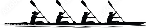A High-Contrast Black Silhouette of Four Rowers in a Racing Shell, Each Holding a Long Oar in a Synchronized Motion Over Water.