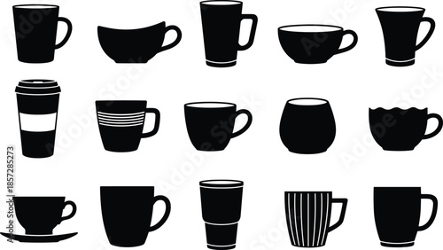 Coffee cup mug and takeaway icons set, black silhouette drinkware collection, ceramic tea espresso cups, modern minimal vector design
