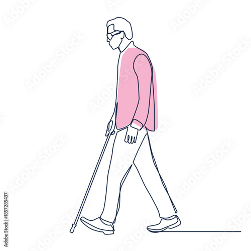 Blind man walking one line drawing. Blind man walking single line illustration. Blind man walking minimalist line art. Blind man walking vector art