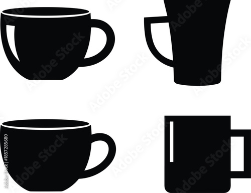 Coffee mug and cup icons set, black silhouette drinkware shapes, ceramic tea espresso cups, modern simple minimal vector design