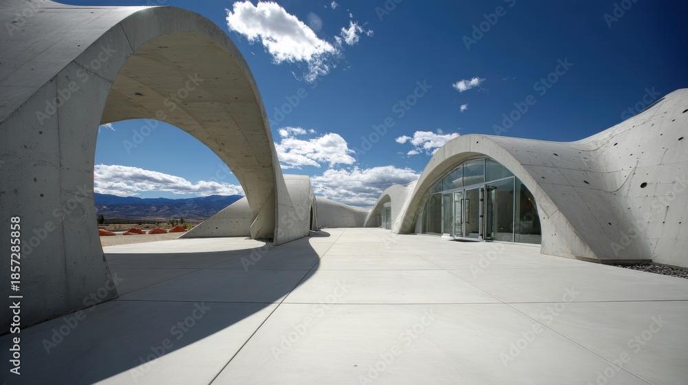 Fototapeta premium Modern Architectural Structure with Unique Curved Design against a Blue Sky and Dramatic Cloud Formation in an Outdoor Environment