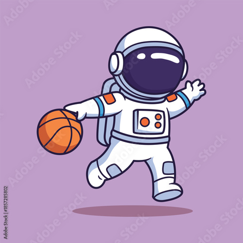 Cute Cartoon Astronaut Playing Basketball in Motion Vector Illustration