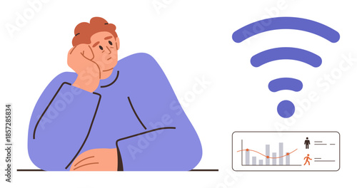 Thoughtful person leaning on hand beside wireless network icon and data chart with graphs. Ideal for technology, analytics, connection, innovation, digital era, communication, introspection. Simple