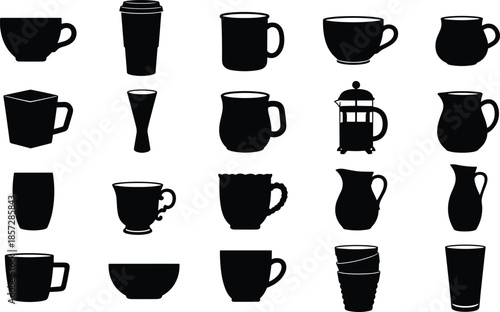 Coffee mug cup and drinkware icons set, black silhouette collection, ceramic tea espresso glasses pitchers, simple minimal vector design