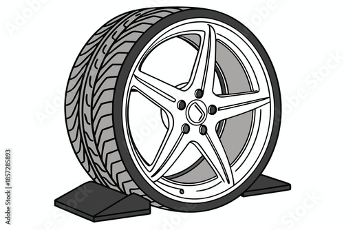 Car Tire and Alloy Wheel on Wheel Chocks Isolated on White Background vector illustration