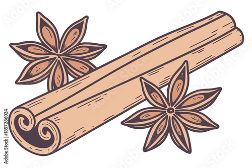 Cinnamon Stick and Star Anise Spice Illustration on White Background seasoning ingredient