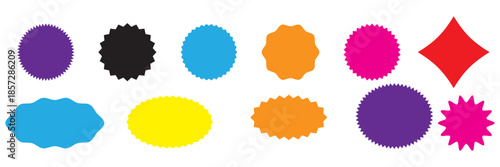 Set of black star burst shape tags for price. Circle sticker. Wavy edge promo badges. Blank sale stickers collection. Design elements of Price sticker, sale sticker, starburst, quality mark, retro.