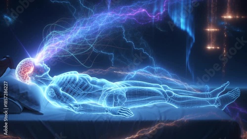 Animation of deep sleep visualization with brain energy and sound waves