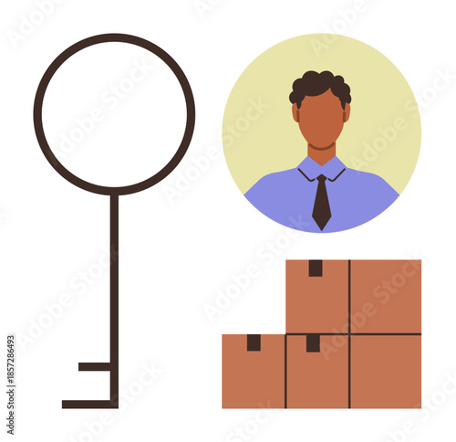 Key element beside a professional avatar and stacked boxes, symbolizing access, security, logistics, teamwork, business operations, e-commerce, and planning. Clean flat metaphor