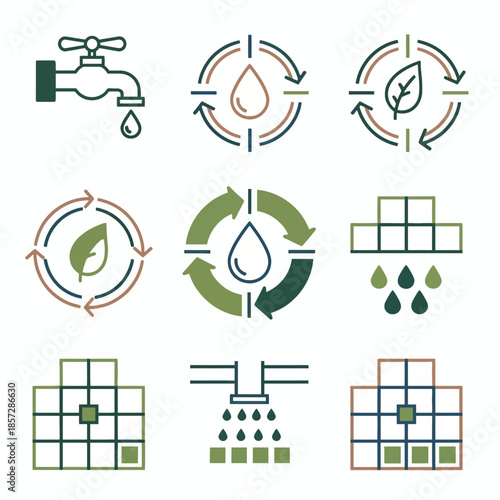 Eco-friendly water conservation and management icons representing sustainability and resourcefulness