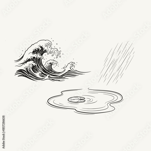 Hand-drawn illustration depicting ocean waves and raindrops falling on a calm pond with a lily pad