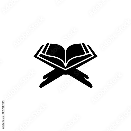 Black silhouette of an open book on crossed swords symbolizing knowledge and strength in a simple design