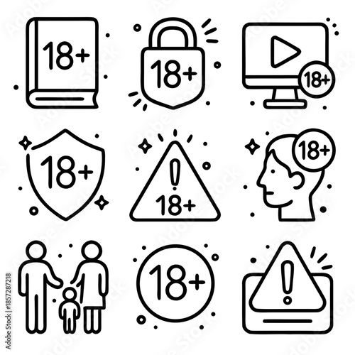 A collection of nine black and white line icons representing various forms of 18+ age restriction and adult content warnings.