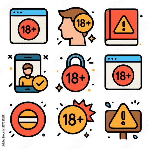 Comprehensive set of flat line vector icons illustrating age restrictions, adult content warnings, and parental control features for digital safety and content moderation online