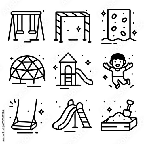 Collection of playground icons swings, slides, climbing walls, and joyful children playing in a sandbox