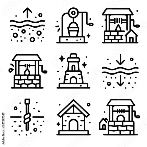 Set of nine line icons depicting various aspects of water wells, ground water, and drilling processes.