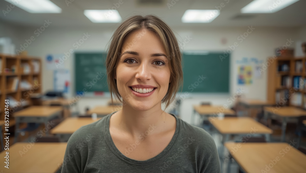 Fototapeta premium Cheerful teacher smiling in classroom with chalkboard and desks