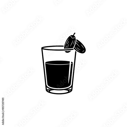Black and white illustration of a short glass with dark liquid and an olive garnish on a