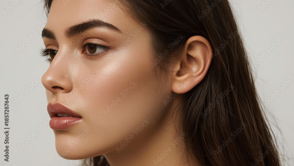 Fototapeta premium Young woman portrait with dewy skin and soft natural makeup, serene expression