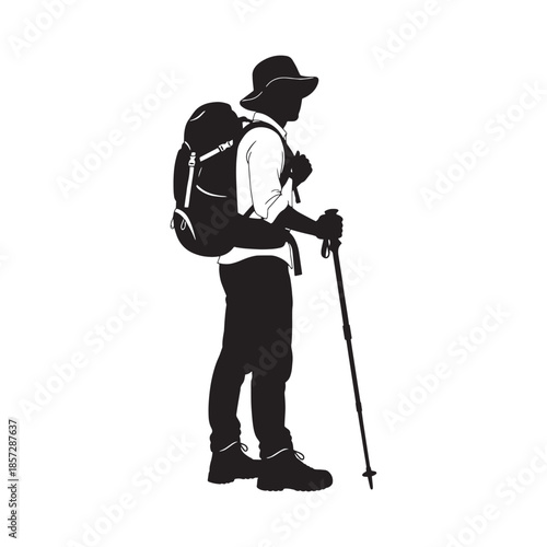 Backpacker Hiker with Trekking Pole Silhouette Vector