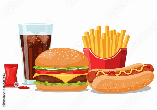 American Fast Food Vector Illustration with Burger and Fries