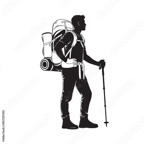 Backpacker with Sleeping Bag Trekking Pole Silhouette