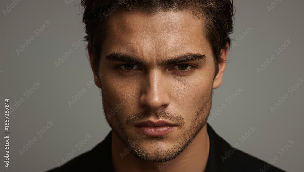 Fototapeta premium Intense moody male portrait closeup with dramatic lighting and textured skin