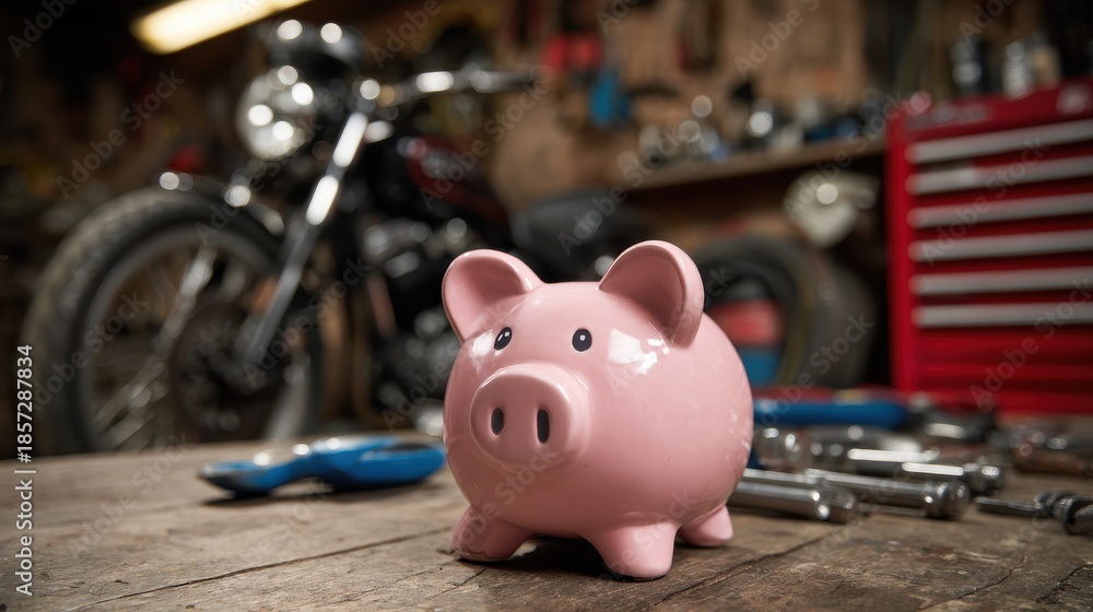 Obraz premium Charming pink piggy bank on a rustic wooden table with a motorcycle in the background and various tools scattered for financial savings and budgeting themes