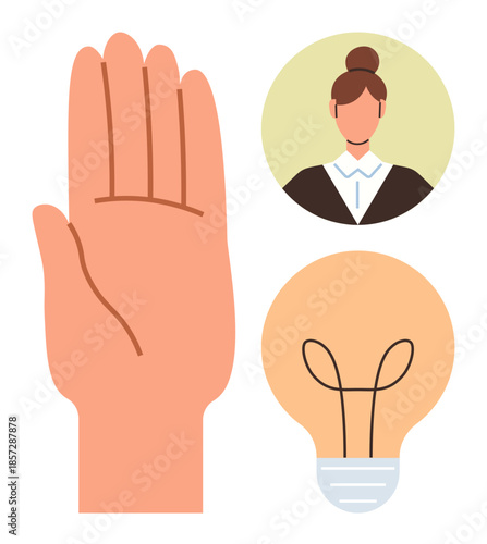 Open hand, woman in a circular frame, and lightbulb symbolizing guidance, ideas, teamwork, empowerment, communication, leadership problem-solving. Ideal for education branding human potential