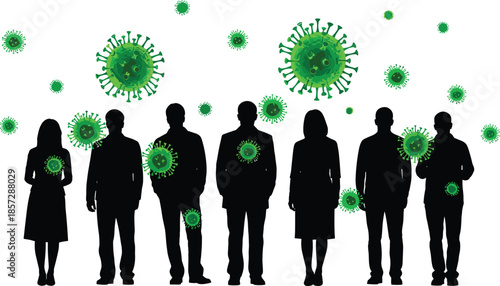 Black silhouettes of people standing with green virus cells, global pandemic spread concept for healthcare, infection prevention, and public health awareness (20 words)