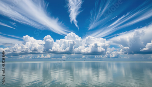 Serene landscape featuring vast body of water reflecting fluffy white clouds and vibrant blue skies, creating tranquil and picturesque scene. wispy clouds add dynamic element to calm atmosphere