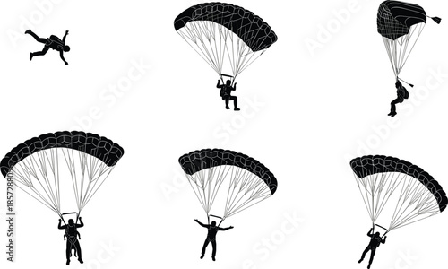 Black silhouettes of skydivers and paragliders jumping with parachutes, extreme sports and adventure activities icons for outdoor recreation and tourism (20 words)