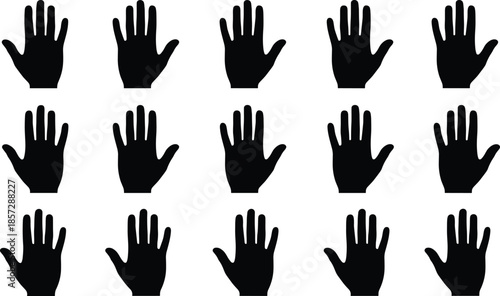 Set of fifteen black hand silhouettes, open palms symbols for teamwork, diversity, voting, stopping, community, and human rights concept icons (20 words)