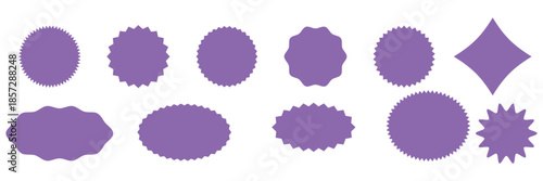 Set of black star burst shape tags for price. Circle sticker. Wavy edge promo badges. Blank sale stickers collection. Design elements of Price sticker, sale sticker, starburst, quality mark, retro.