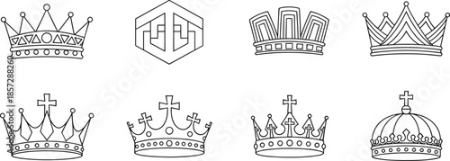 Set of royal crown line icons, monarch headwear symbols for king and queen, kingdom authority and luxury jewelry design elements (20 words)