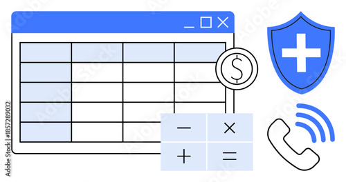 Financial planning, health insurance, data management, communication, budgeting, cost calculations. Spreadsheet, calculator shield and phone icon displayed. Financial planning and health insurance