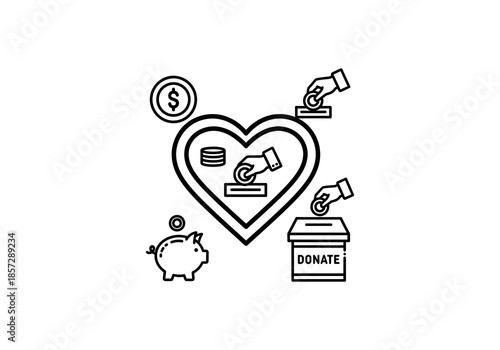 Heart and Key Black and White Charity Donation Icon Depicting Heart, Piggy Bank, and Coins