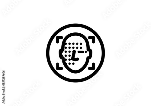 Vector Black and White Facial Recognition Icon with Dotted Pattern and Circle.	
