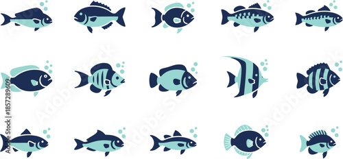 Stylized blue and white fish illustrations diverse aquatic species with playful bubbles, ideal for marine-themed designs and educational graphics