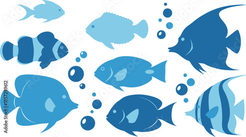 A vibrant collection of blue tropical fish and bubbles, perfect for underwater themes and aquatic designs