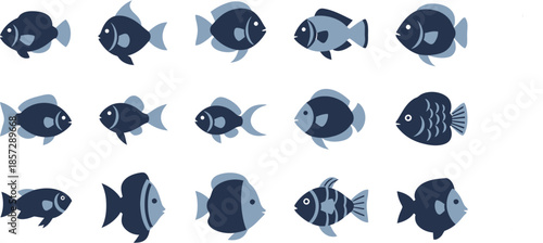 Collection of stylized cartoon fish illustrations, each with unique features and color palettes, presented in a grid layout for visual appeal