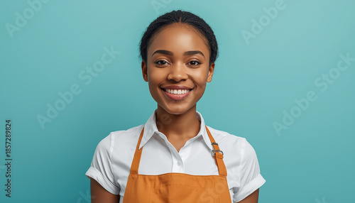 Friendly cashier with polite smile and transactional professionalism