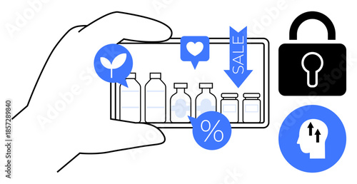 Mobile shopping displays sustainable product icons and secure transaction elements. Promotes eco-consciousness and cybersecurity in ecommerce. For retail, sustainability, and fintech ideas