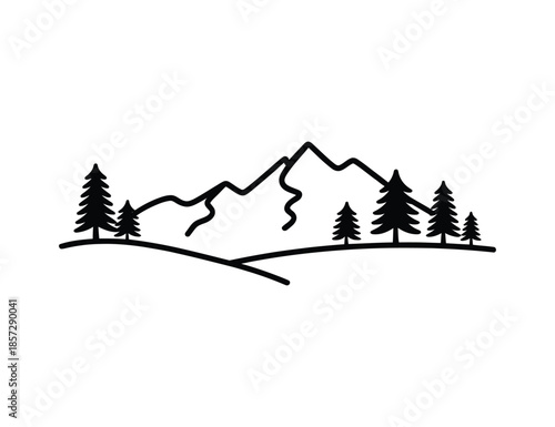 Mountain range silhouette with pine trees at dusk