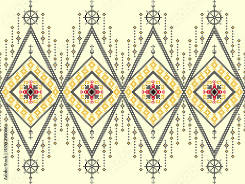 Seamless geometric textile pattern with repeating diamond grid and pixel folk motifs. Light background with muted yellow, gray, and red tones. Suitable for fabric, wallpaper, and surface design.