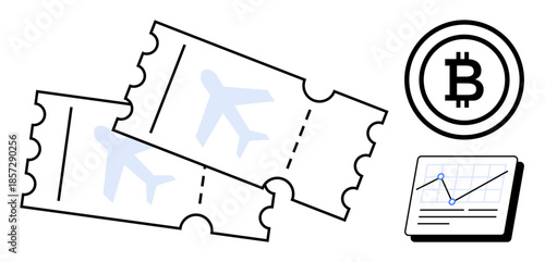 Airplane tickets, Bitcoin logo, and a financial chart with a rising trend. Ideal for travel, cryptocurrency, finance, online booking, global trade investments and technology. Simple flat metaphor