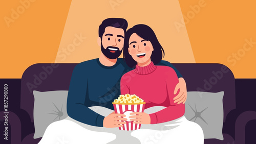 Couple happily watching a movie and sharing a bowl of popcorn while sitting on a couch in a cozy room at home, enjoying leisure time together